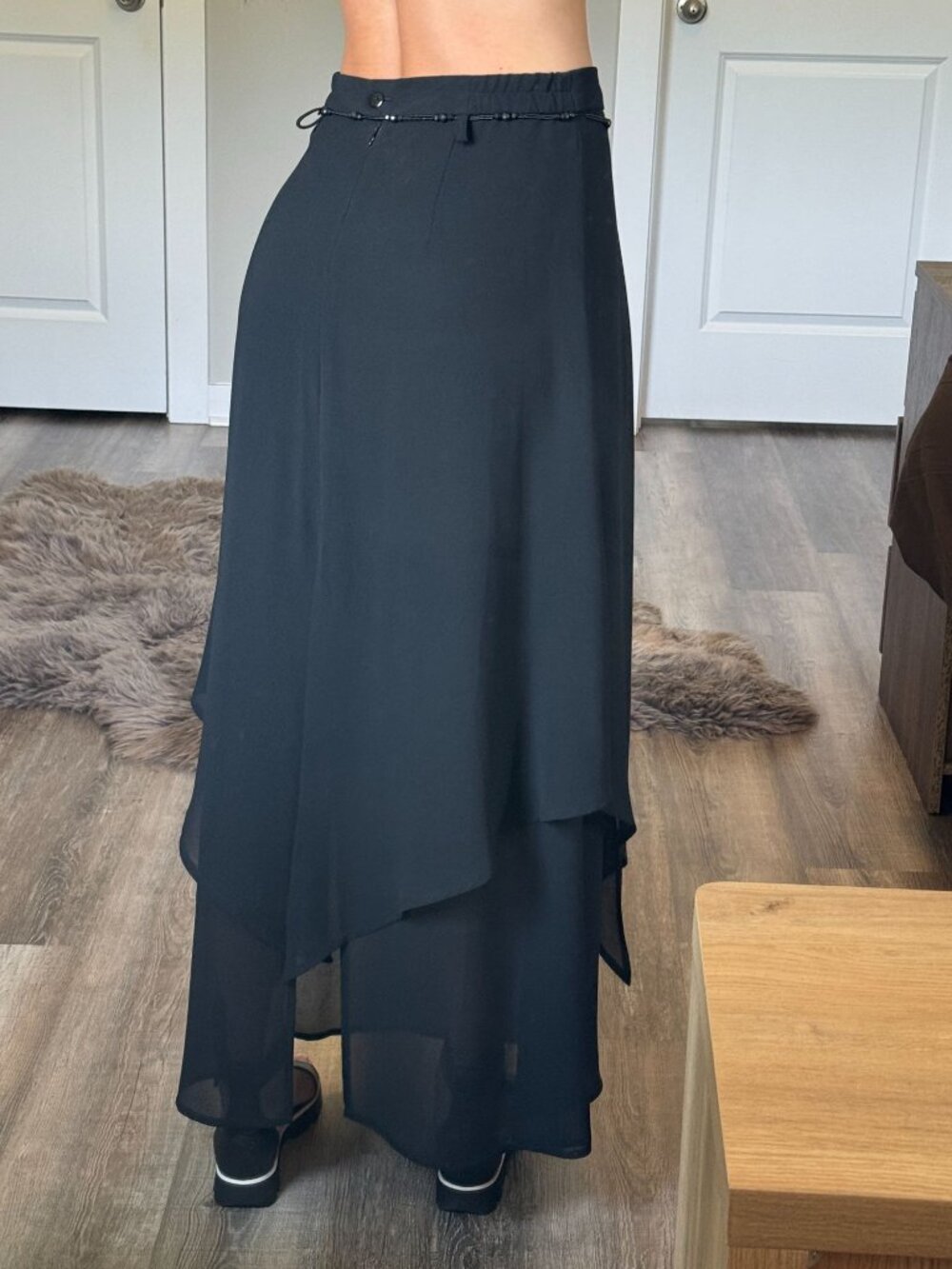 Vintage 90s Ribkoff Black Chiffon Maxi Skirt Beaded Belt Black Whimsigoth Fairy - Picture 3 of 14